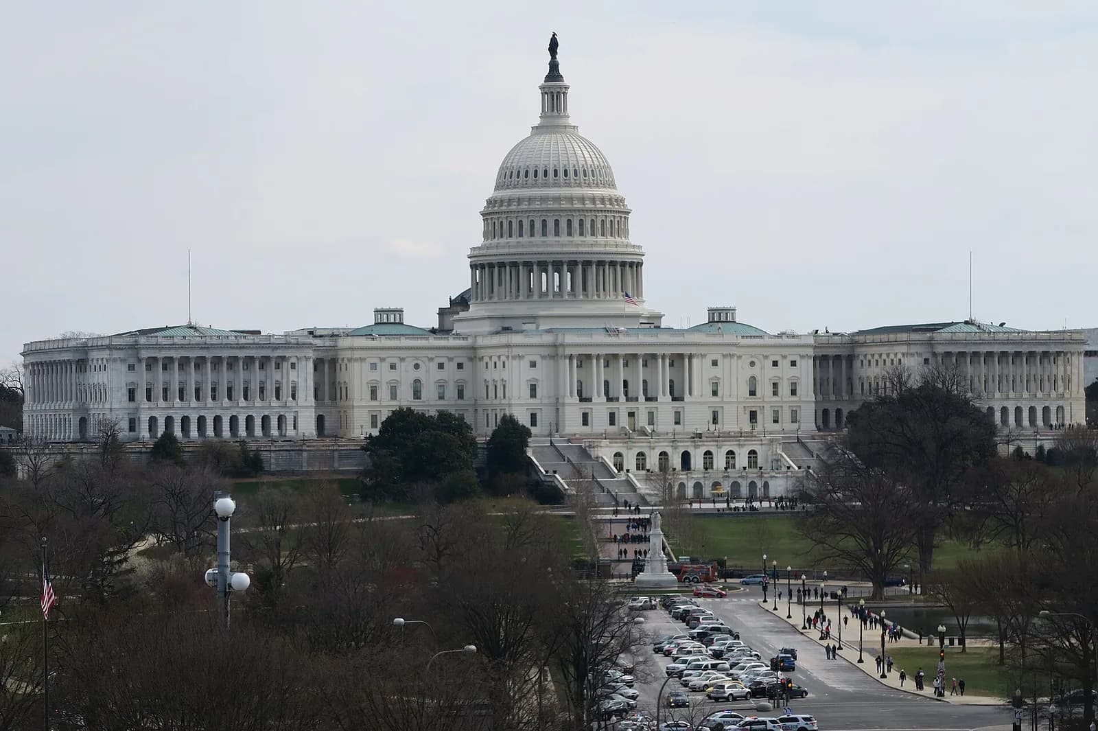 The United States Capitol seen from above, surrounded by bare winter trees.