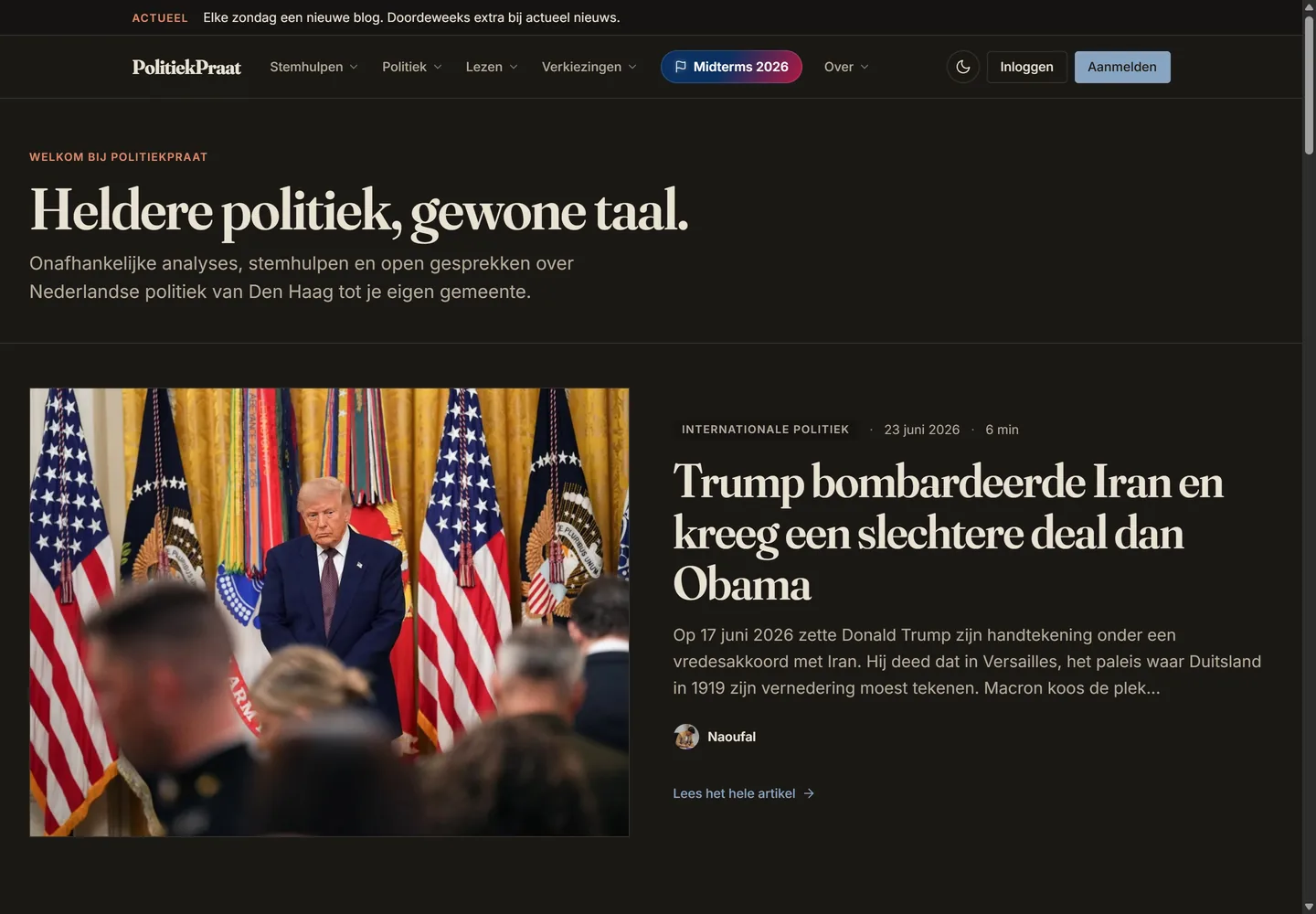 PolitiekPraat homepage with its dark design and the latest analysis in the lead.